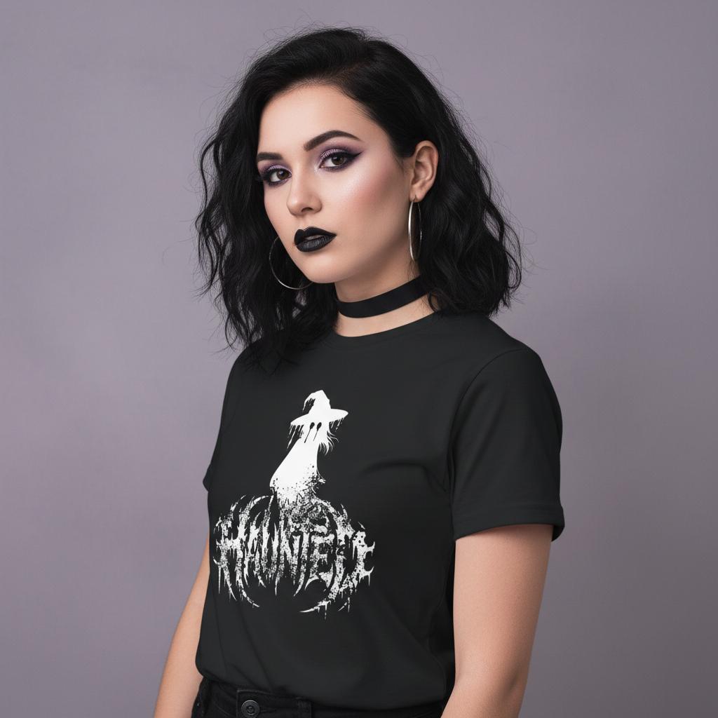 Haunted Shirt – Gothic Horror Style mit düsterem Silhouetten-Print – Metal Inspired Unisex Streetwear