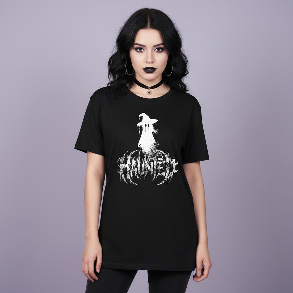 Haunted Shirt – Gothic Horror Style mit düsterem Silhouetten-Print – Metal Inspired Unisex Streetwear